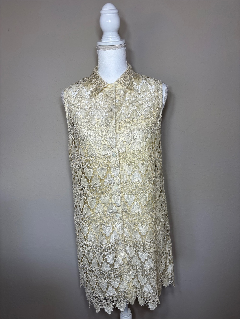 FRAME The Deco Scalloped Guipure Lace
Mini Shirt Dress Ecru Cream M NWT - Picture 7 of 12